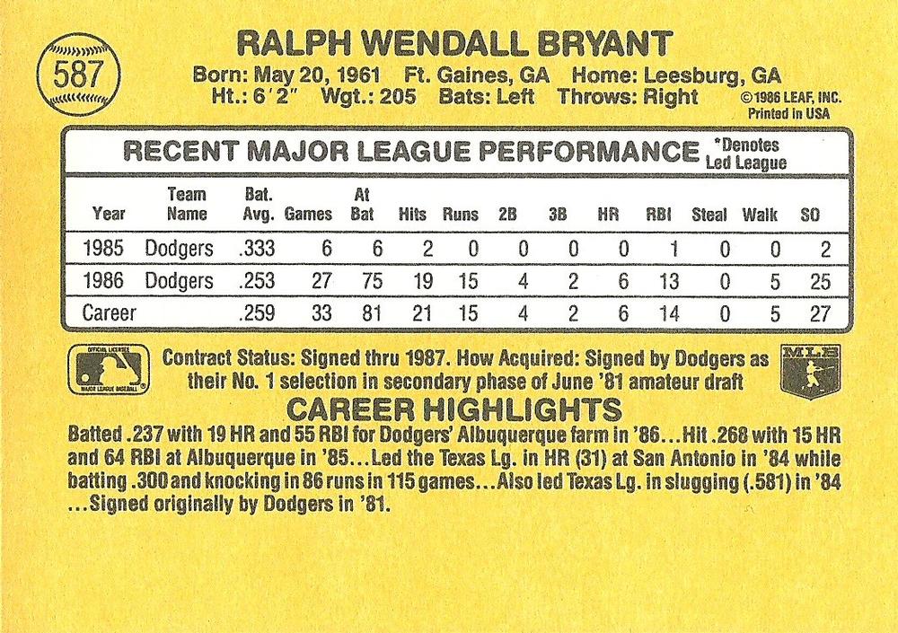 Ralph Bryant  baseball card collectible - Main Image 2