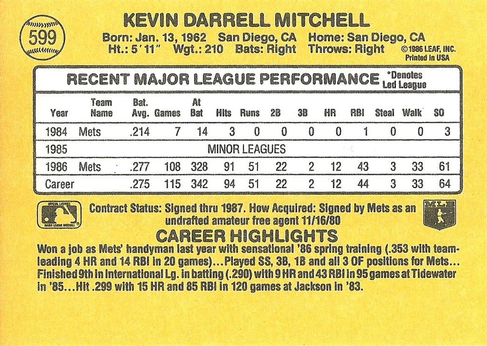 Kevin Mitchell  baseball card collectible - Main Image 2