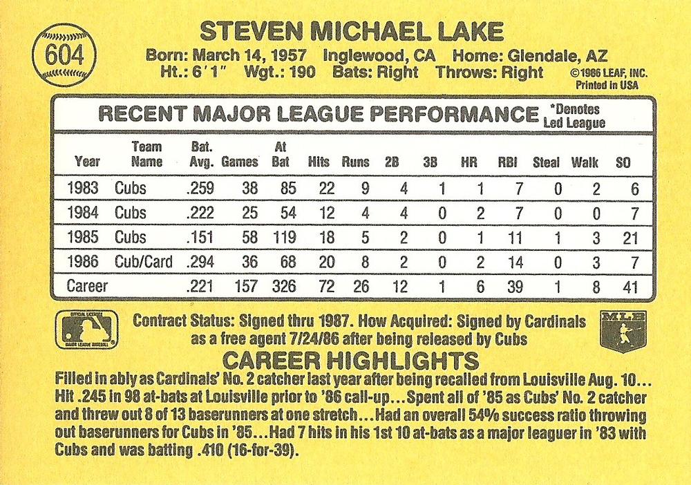 Steve Lake  baseball card collectible - Main Image 2