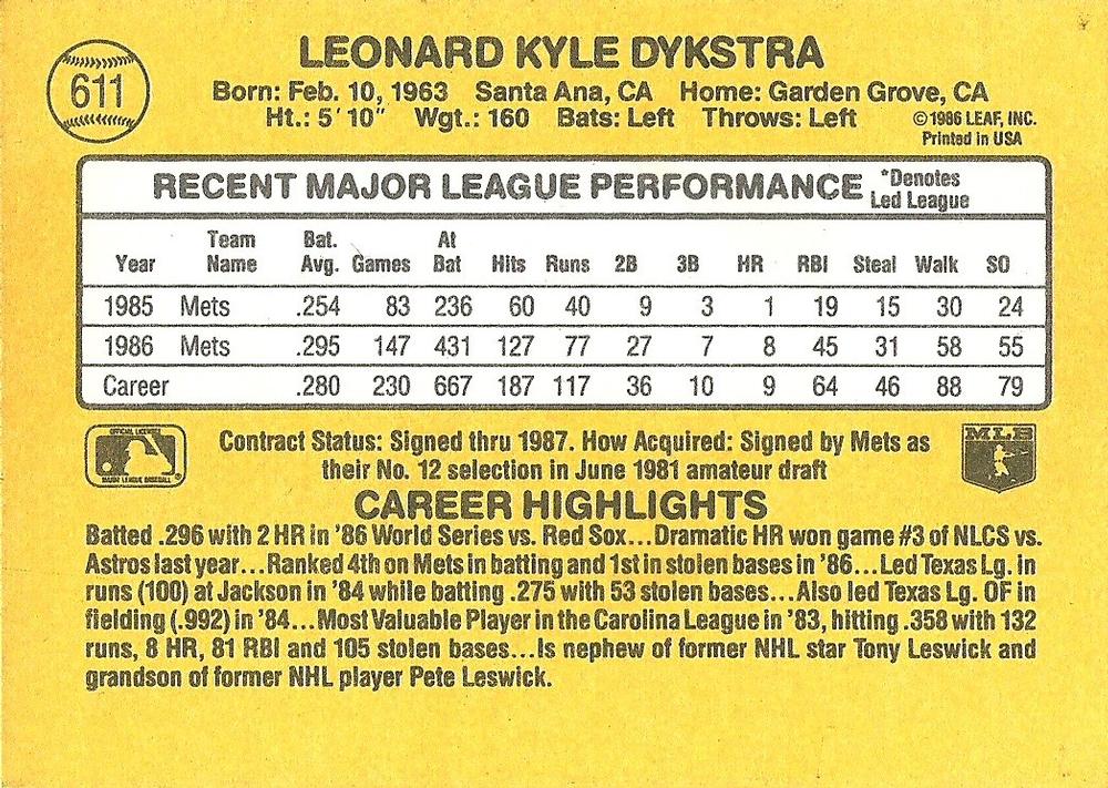 Len Dykstra  baseball card collectible - Main Image 2