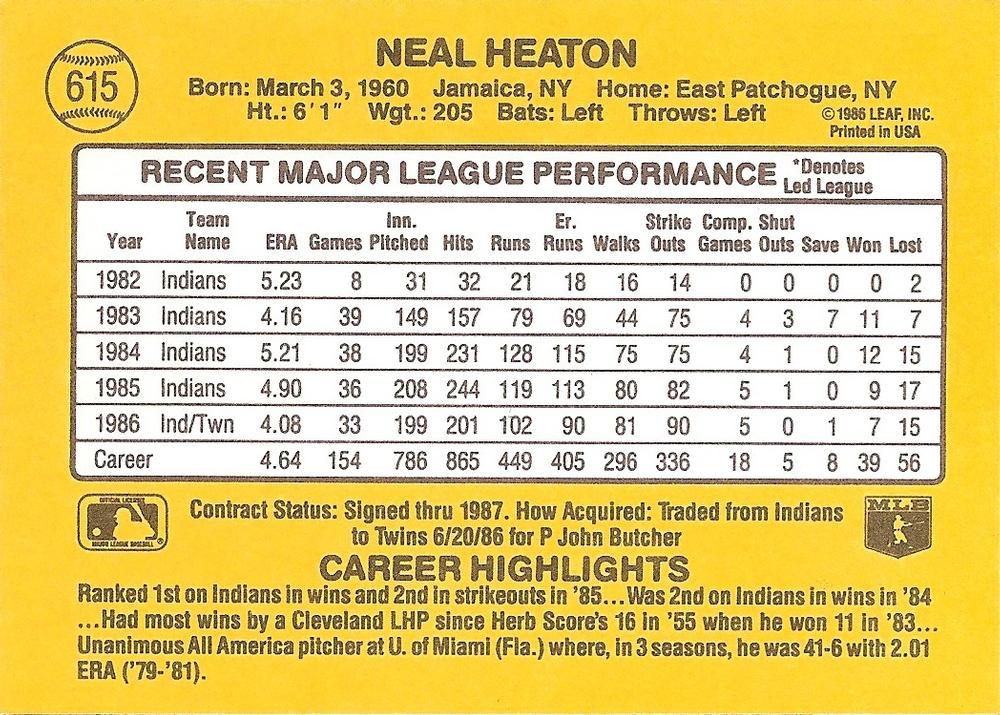 Neal Heaton  baseball card collectible - Main Image 2
