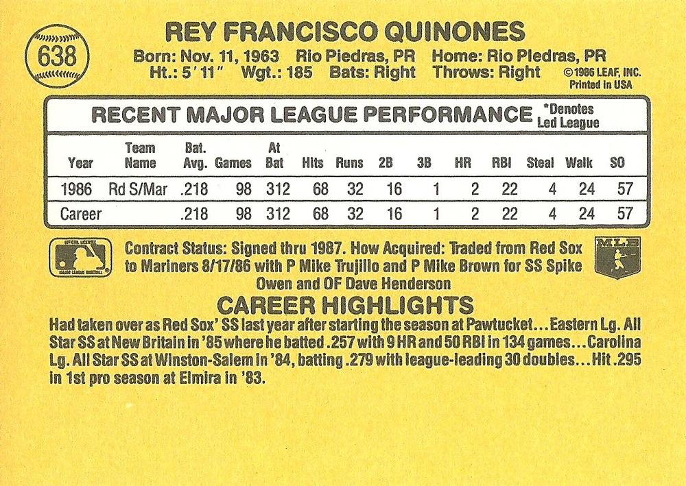 Rey Quinones  baseball card collectible - Main Image 2