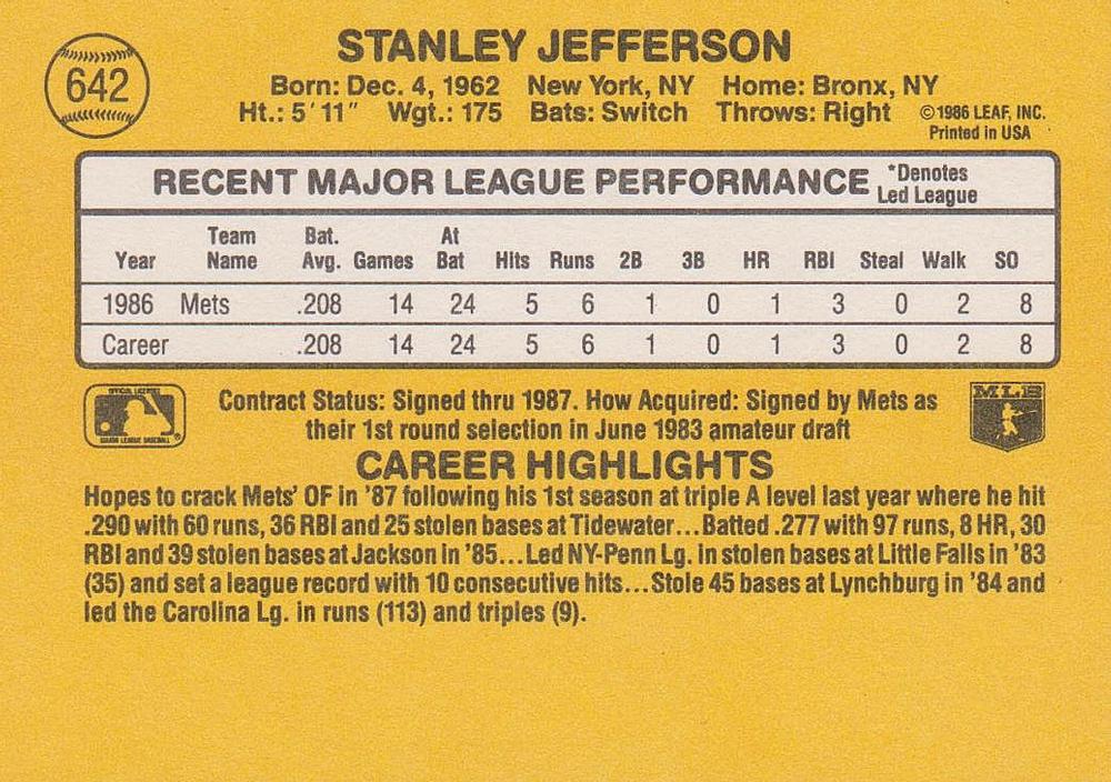 Stan Jefferson  baseball card collectible - Main Image 2