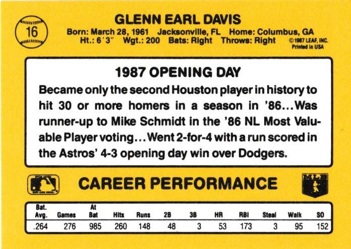Glenn Davis  baseball card collectible - Main Image 2