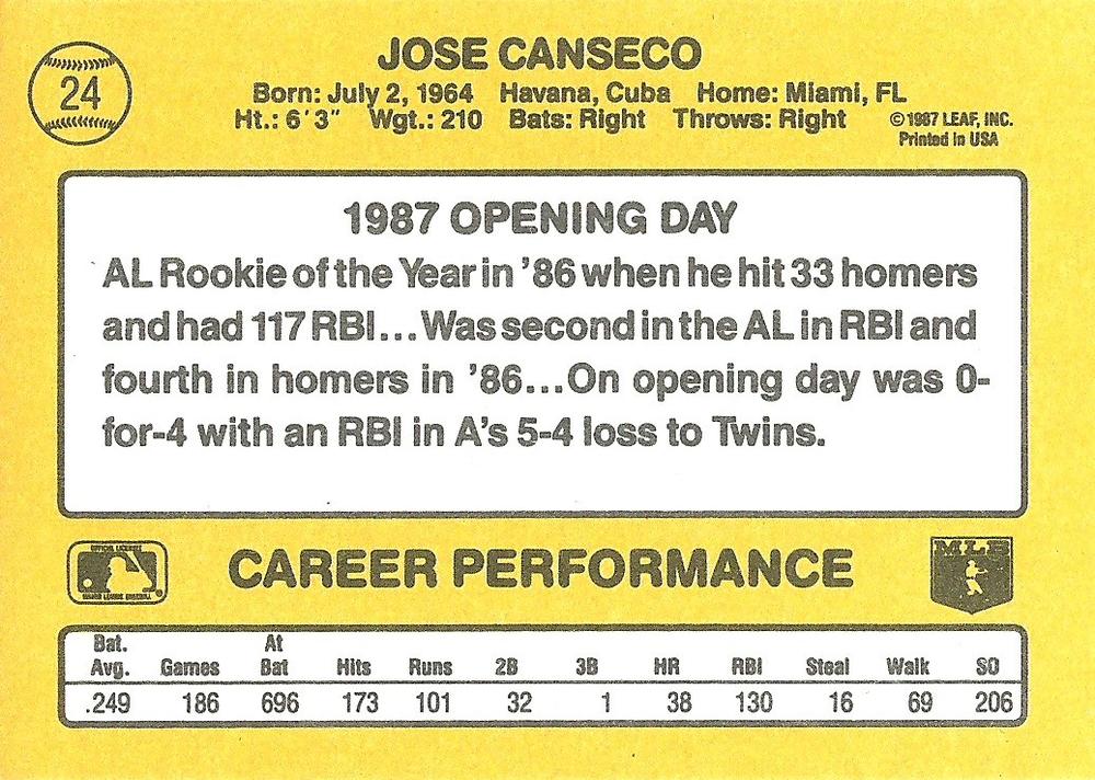 Jose Canseco  baseball card collectible - Main Image 2