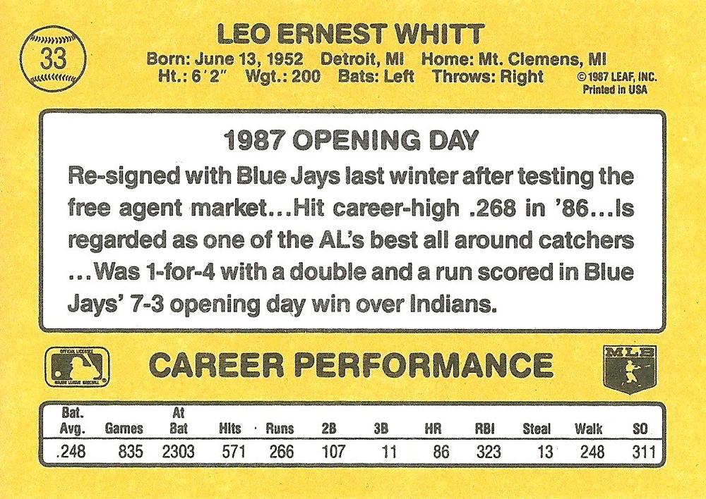 Ernie Whitt  baseball card collectible - Main Image 2