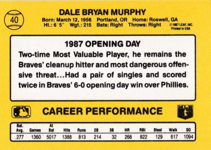 Dale Murphy  baseball card collectible - Main Image 2
