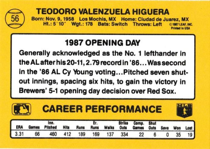 Ted Higuera  baseball card collectible - Main Image 2