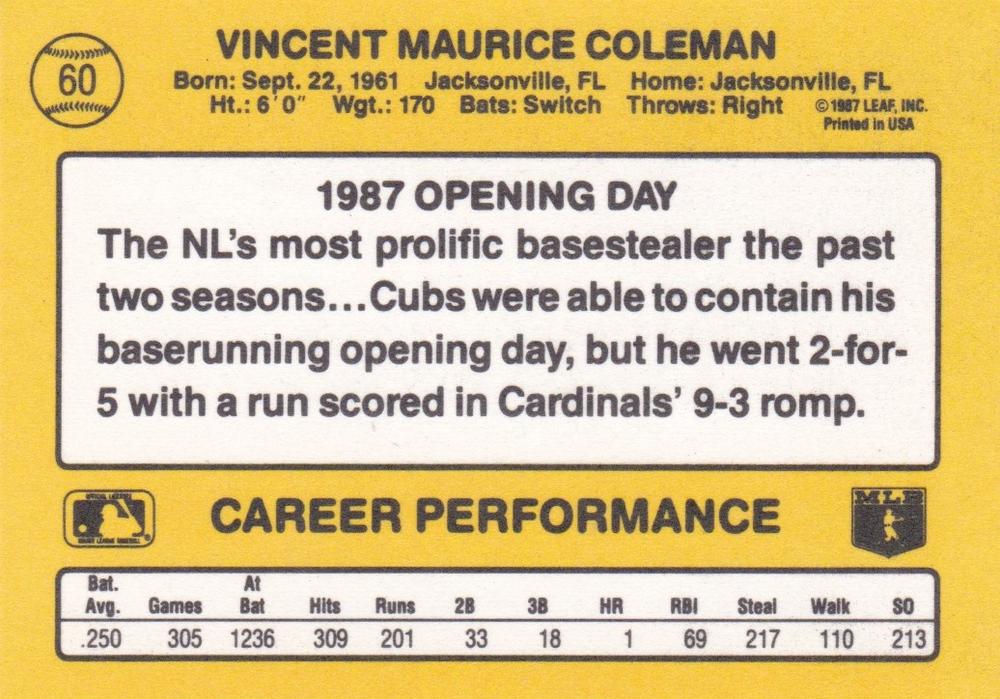 Vince Coleman  baseball card collectible - Main Image 2