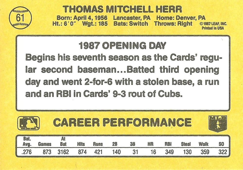 Tommy Herr  baseball card collectible - Main Image 2