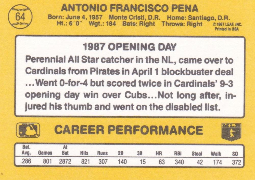 Tony Pena  baseball card collectible - Main Image 2