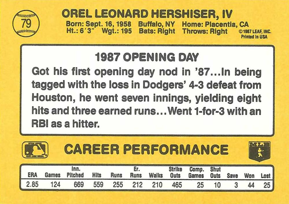 Orel Hershiser  baseball card collectible - Main Image 2