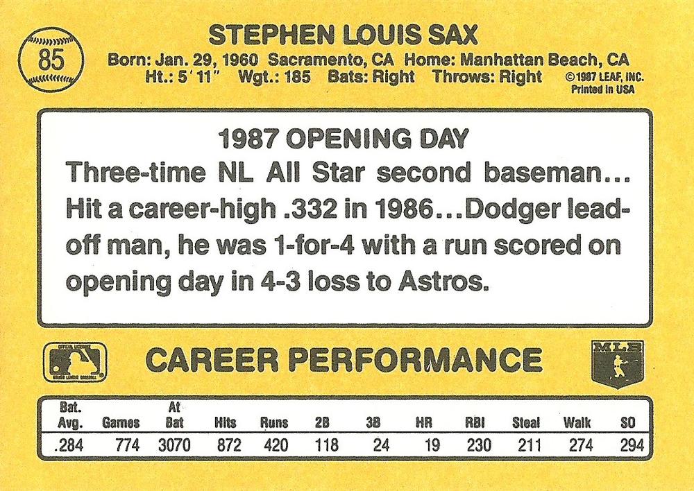 Steve Sax  baseball card collectible - Main Image 2