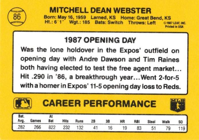 Mitch Webster  baseball card collectible - Main Image 2