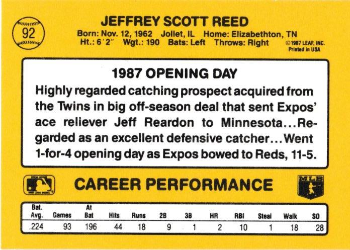 Jeff Reed  baseball card collectible - Main Image 2