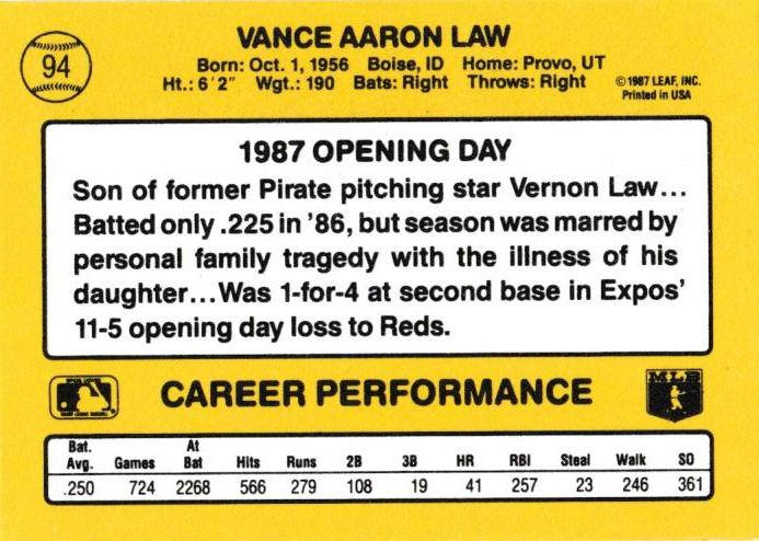 Vance Law  baseball card collectible - Main Image 2