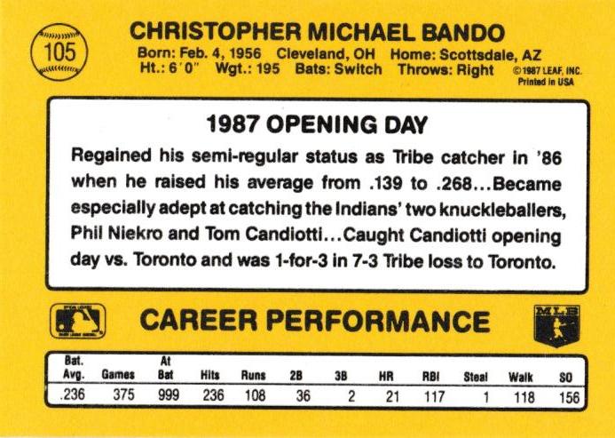 Chris Bando  baseball card collectible - Main Image 2