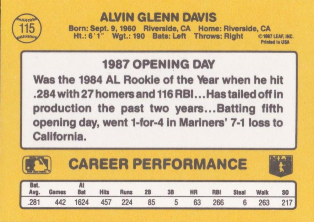 Alvin Davis  baseball card collectible - Main Image 2