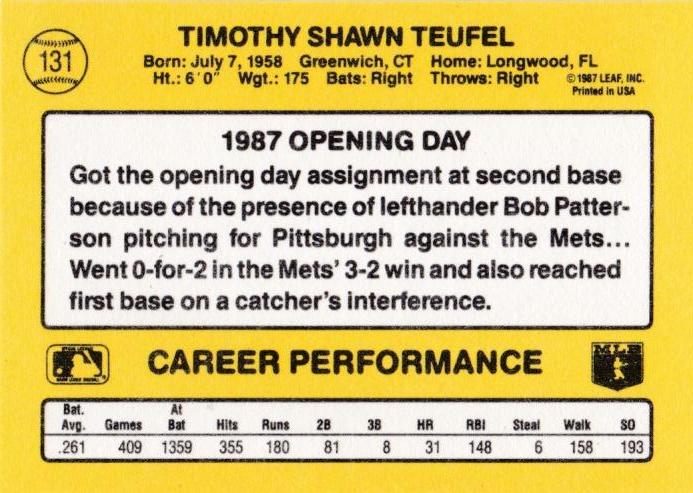 Tim Teufel  baseball card collectible - Main Image 2