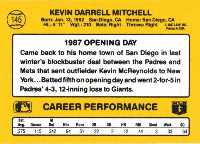 Kevin Mitchell  baseball card collectible - Main Image 2