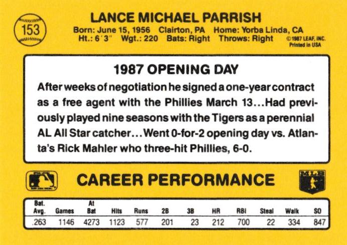Lance Parrish  baseball card collectible - Main Image 2