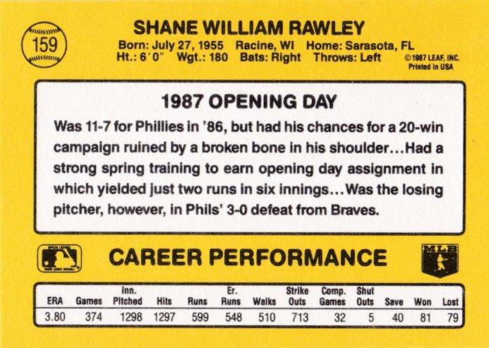 Shane Rawley  baseball card collectible - Main Image 2