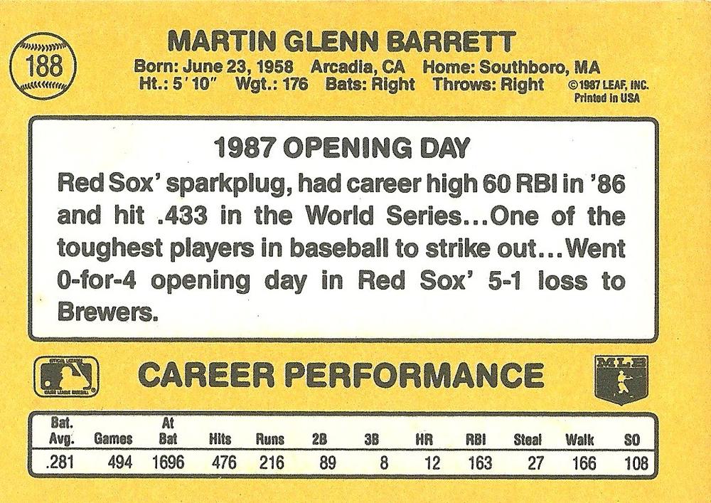 Marty Barrett  baseball card collectible - Main Image 2