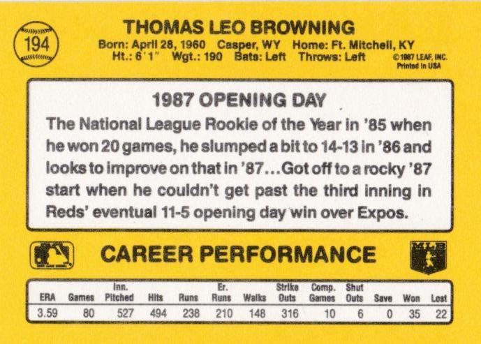 Tom Browning  baseball card collectible - Main Image 2