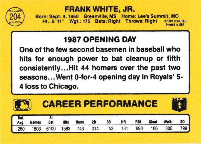 Frank White  baseball card collectible - Main Image 2
