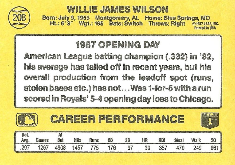 Willie Wilson  baseball card collectible - Main Image 2
