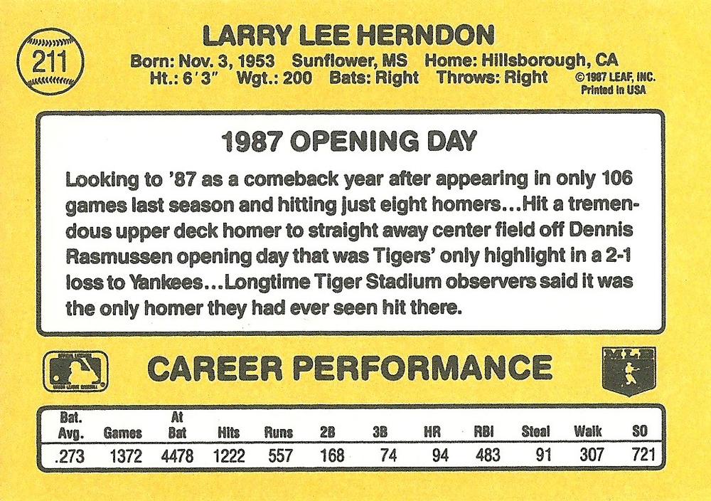 Larry Herndon  baseball card collectible - Main Image 2