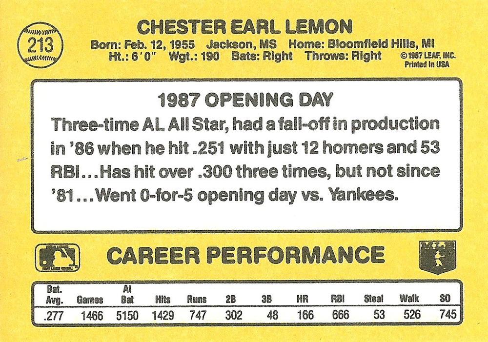 Chet Lemon  baseball card collectible - Main Image 2