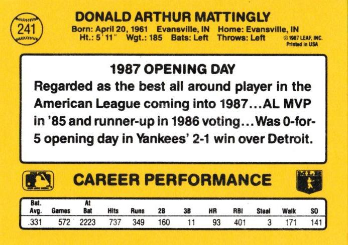 Don Mattingly  baseball card collectible - Main Image 2