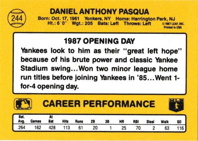 Dan Pasqua  baseball card collectible - Main Image 2