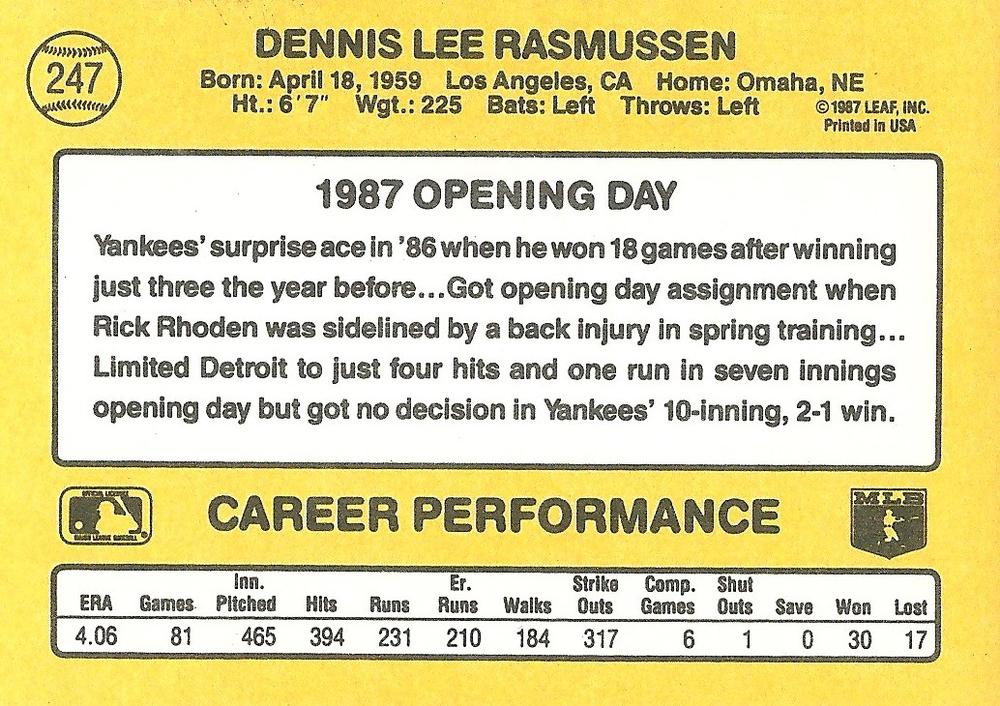 Dennis Rasmussen  baseball card collectible - Main Image 2