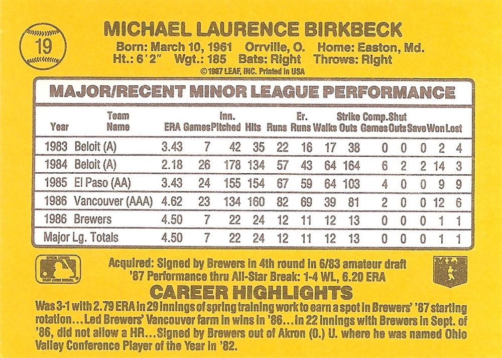 Mike Birkbeck  baseball card collectible - Main Image 2