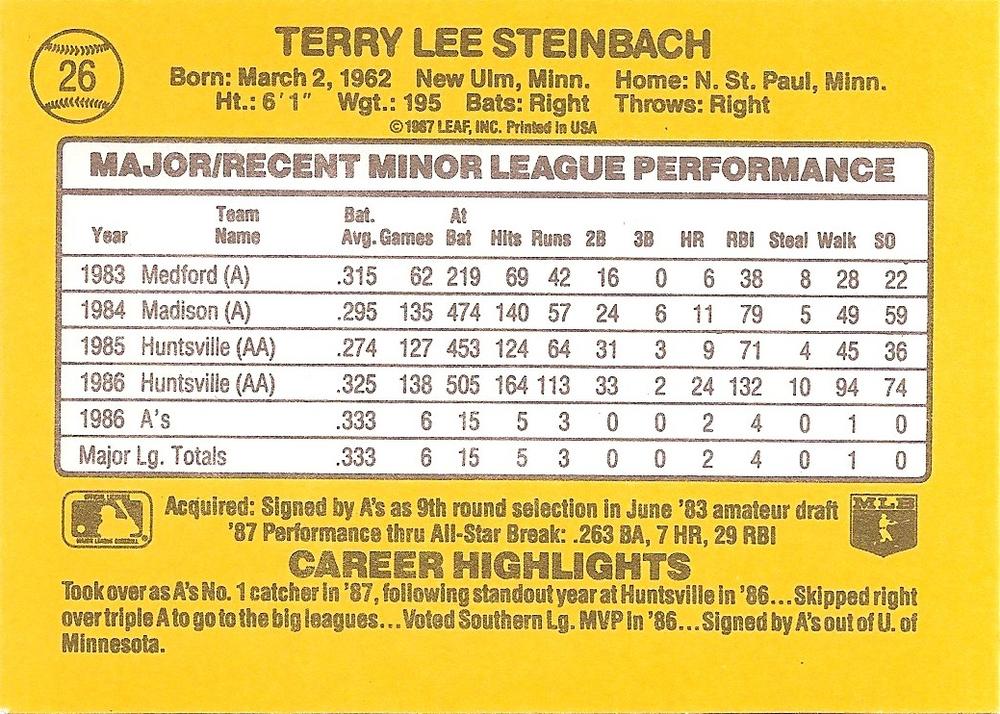 Terry Steinbach  baseball card collectible - Main Image 2