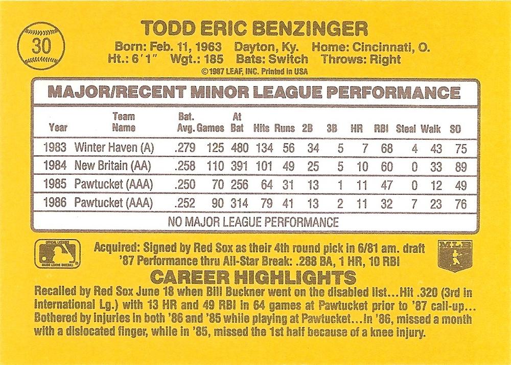 Todd Benzinger  baseball card collectible - Main Image 2