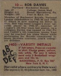 Bob Davies  basketball card collectible - Main Image 2