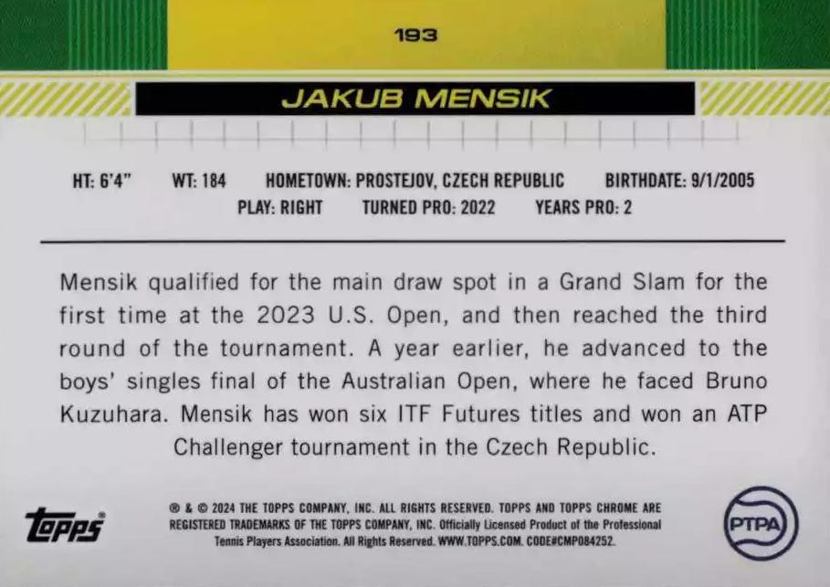 Jakub Mensik  tennis card collectible - Main Image 2