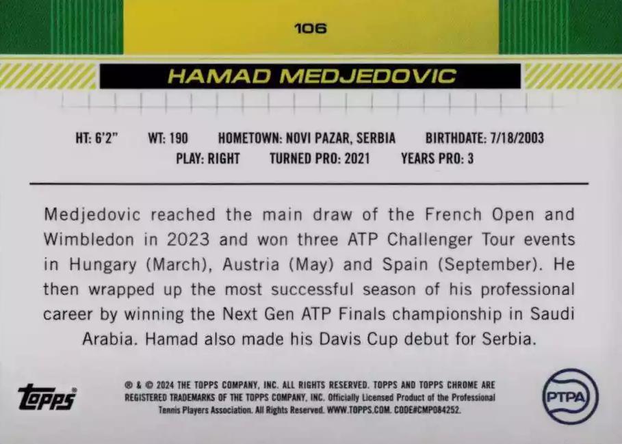 Hamad Medjedovic  tennis card collectible - Main Image 2