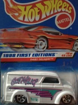 *’Dairy Delivery’, White w/Pink & Teal ’Got Milk’ Tampos’ - Hot Wheels: 1998 First Editions toy car collectible - Main Image 1