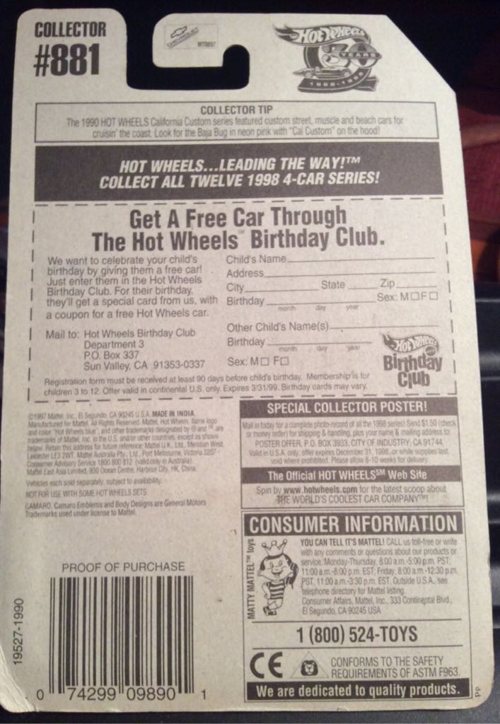 ’95 Camaro - 1998 Hot Wheels toy car collectible - Main Image 2