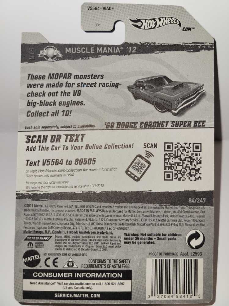4/10 ’69 Dodge Coronet Super Bee - 2012 - HW Muscle Mania - Mopar™️ toy car collectible - Main Image 4