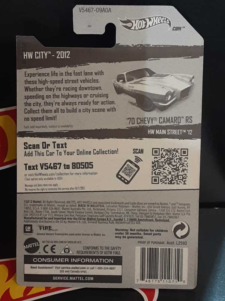 ’70 Chevy Camaro RS - 2012 - HW Main Street toy car collectible - Main Image 3