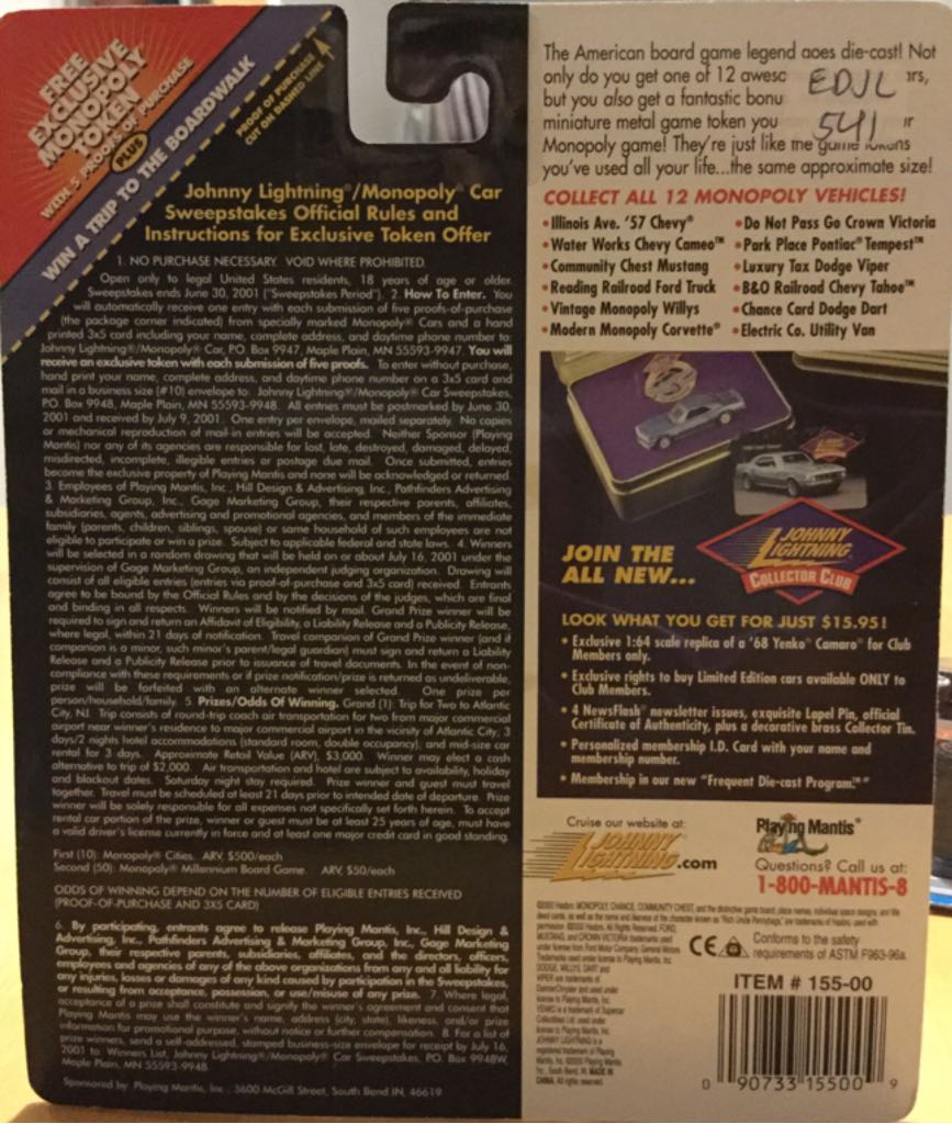 1999 Corvette 155-00 - Johnny Lightning Monopoly toy car collectible - Main Image 2