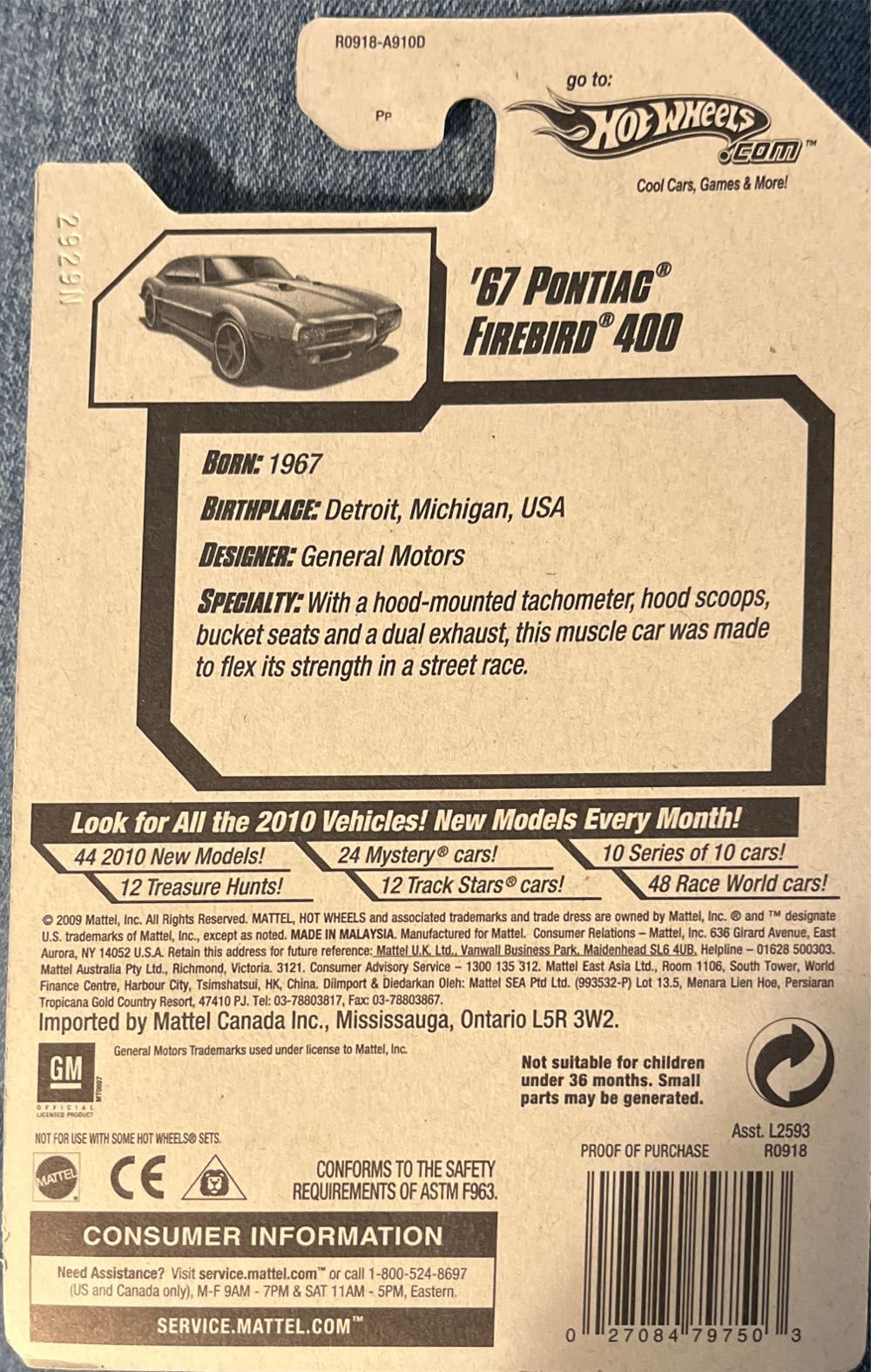 67 Pontiac Firebird 400 - 2010 Hot Wheels toy car collectible - Main Image 2