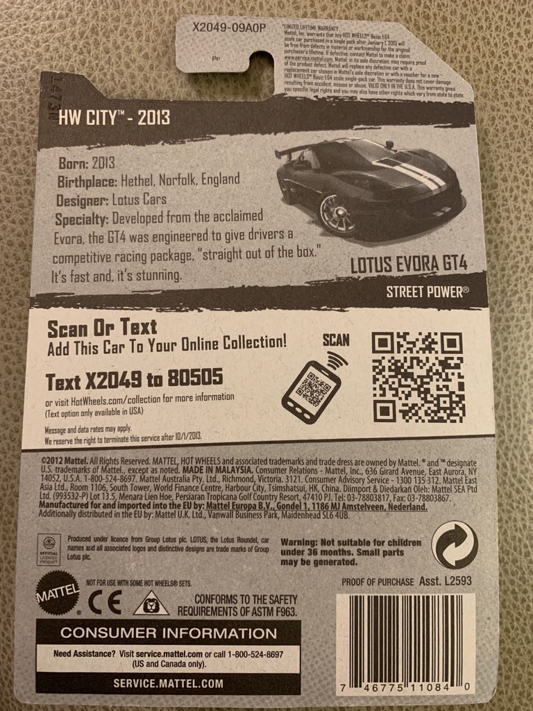 Lotus Evora GT4 X2049 - ‘13 HW City toy car collectible - Main Image 2