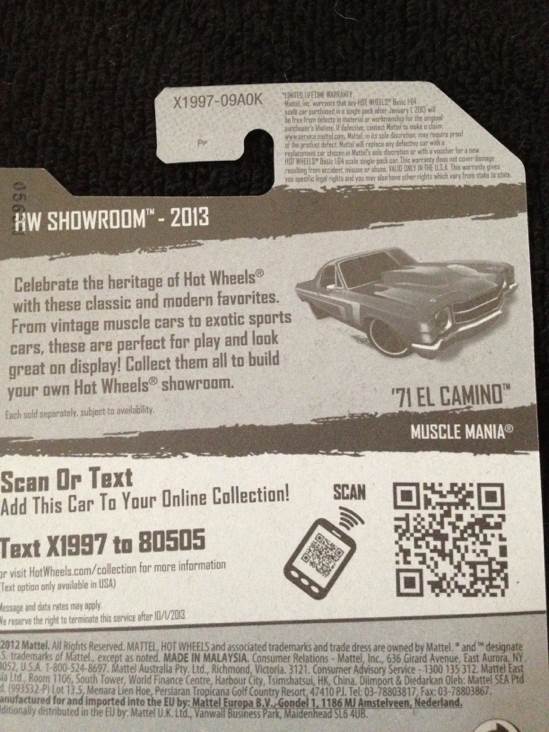 Chevy: El Camino, ’71 (Blue) - HW Showroom-2013 Muscle Mania toy car collectible - Main Image 2