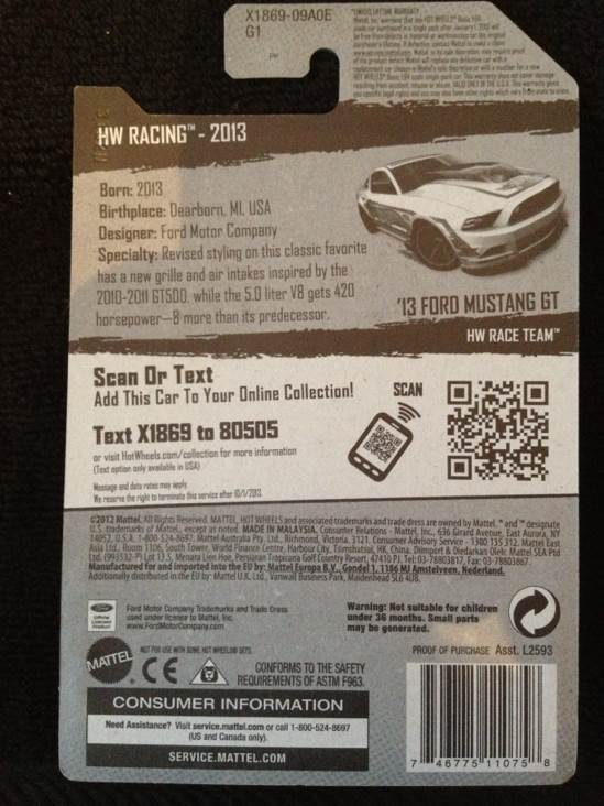 13 Ford Mustang GT - 2013 Hot Wheels Racing toy car collectible - Main Image 2
